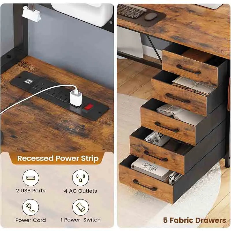 Yoobure L Shaped Desk with Hutch and Storage Shelves, Brown