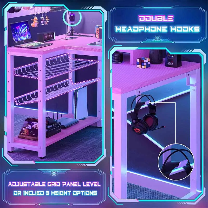 Yoobure Small Gaming Desk with Power Outlets & Pegboard, Pink