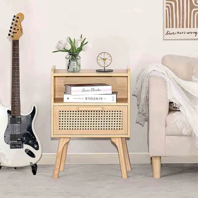 Yoobure Rattan Nightstand with Solid Wood Legs