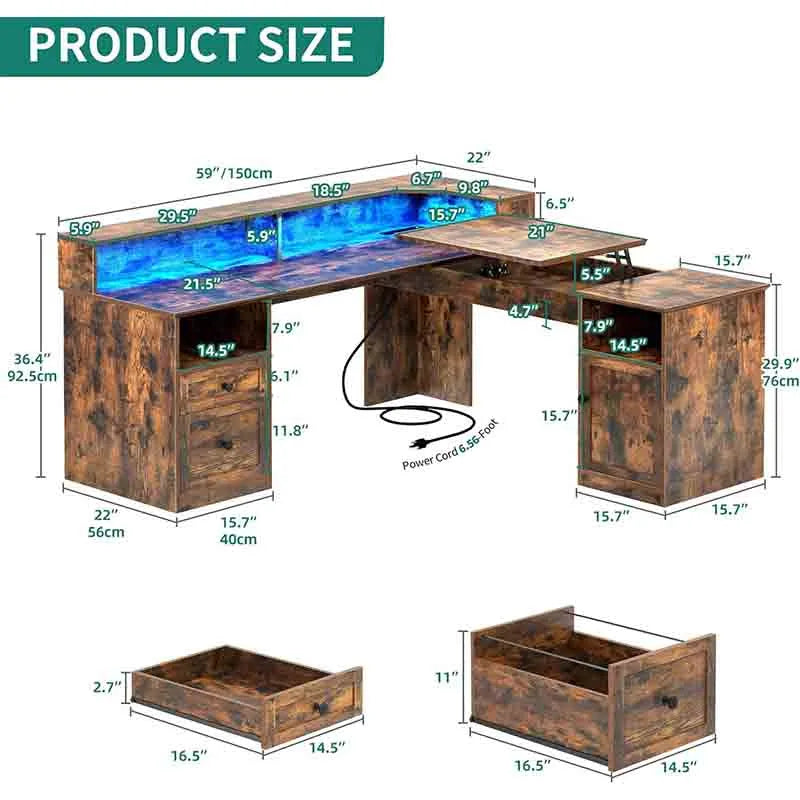 Yoobure 60" Corner Computer Desk with Power Outlets & Lift Top