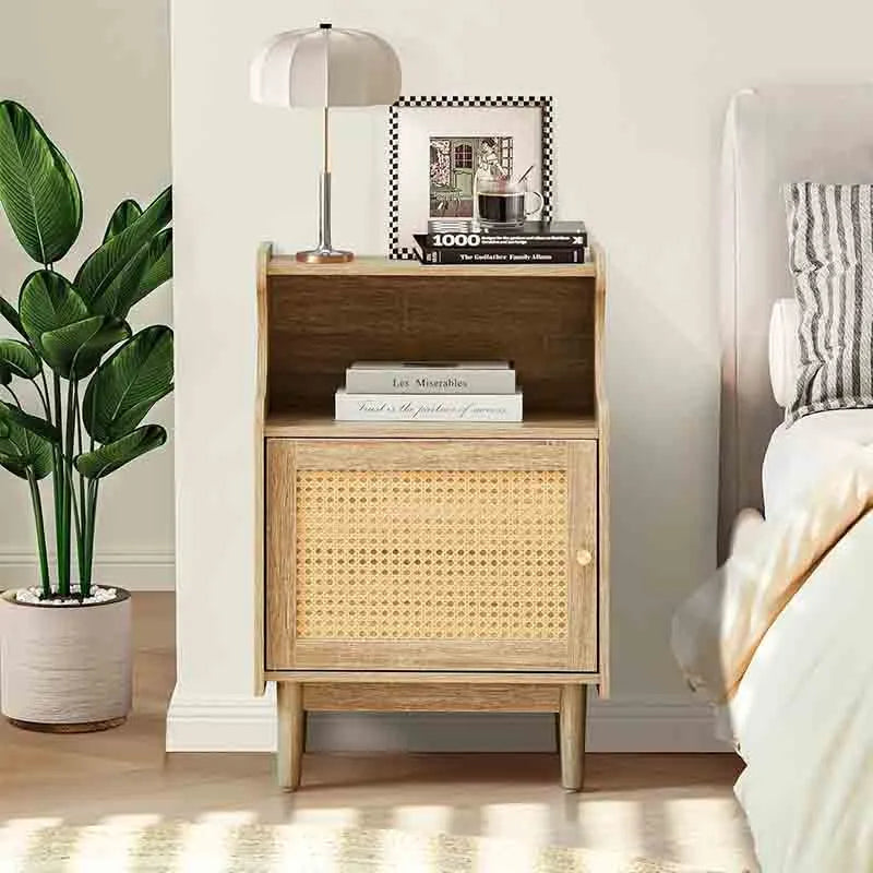 Yoobure Night Stand Tall Nightstand with Faux Rattan Door