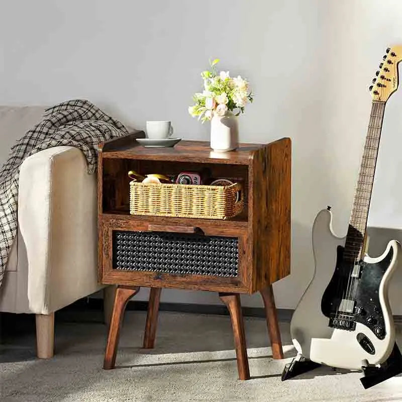 Yoobure Rattan Nightstand Side Table with Drawer Open Shelf