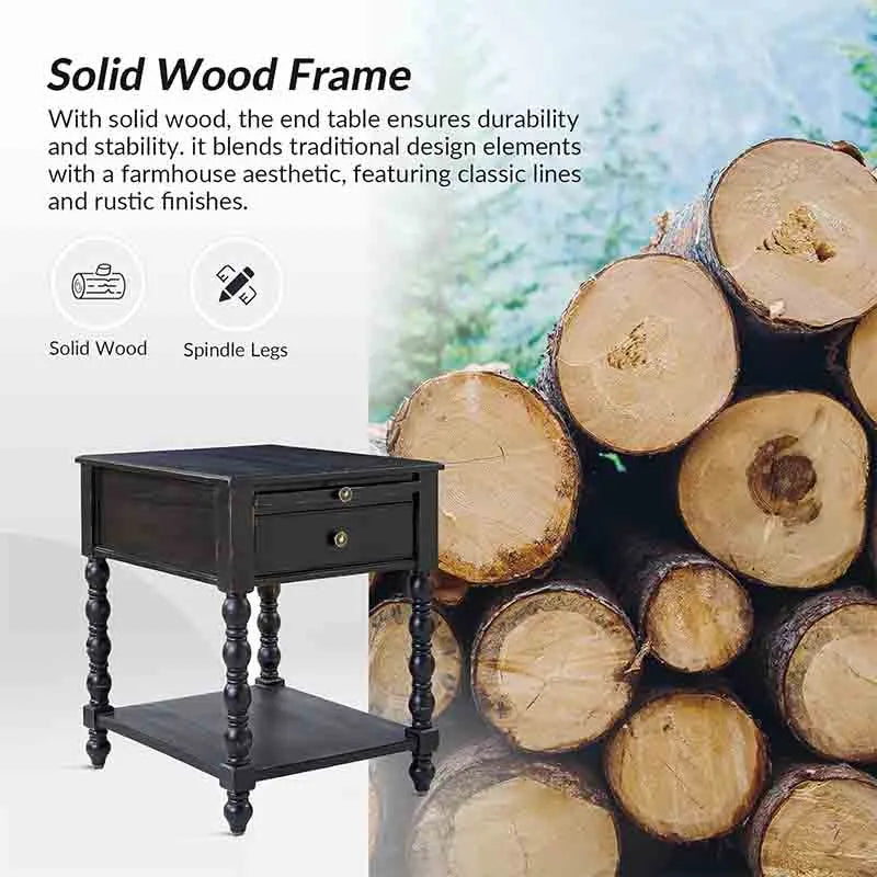 Yoobure End Table with Outlets Solid Wood Nightstand