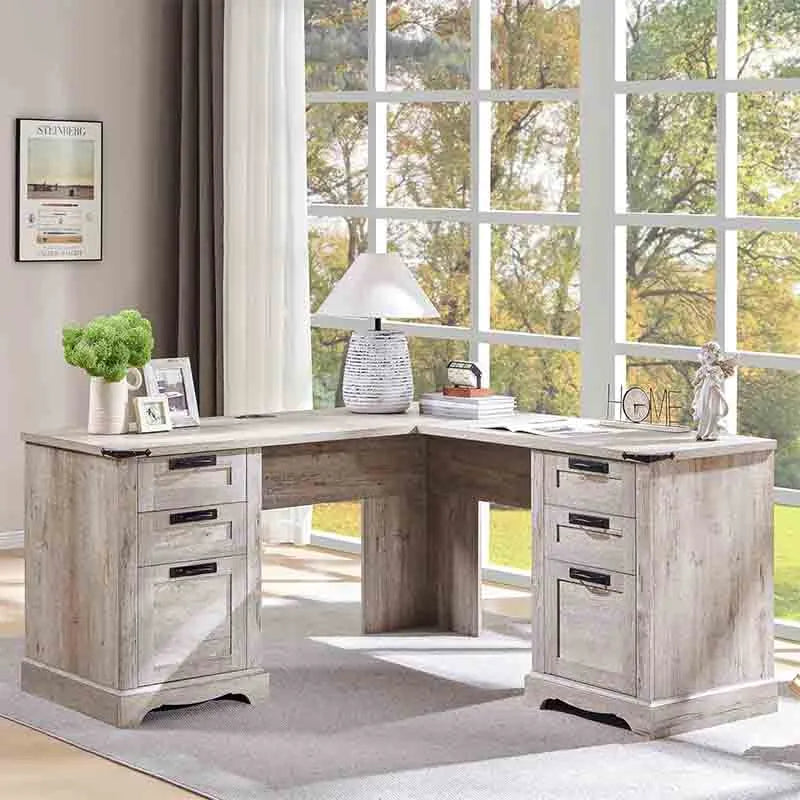 60" L Shaped Executive Desk with Drawers, Light Oak