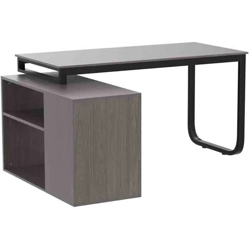 55 Inch L-Shaped Table with Storage Cabinet, Dark Grey & Black