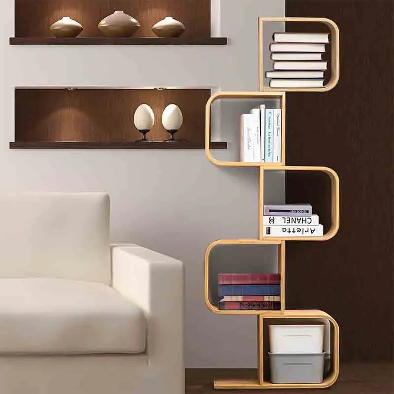 Yoobure 5-Tier S-Shaped Geometric Modern Bamboo Bookshelf