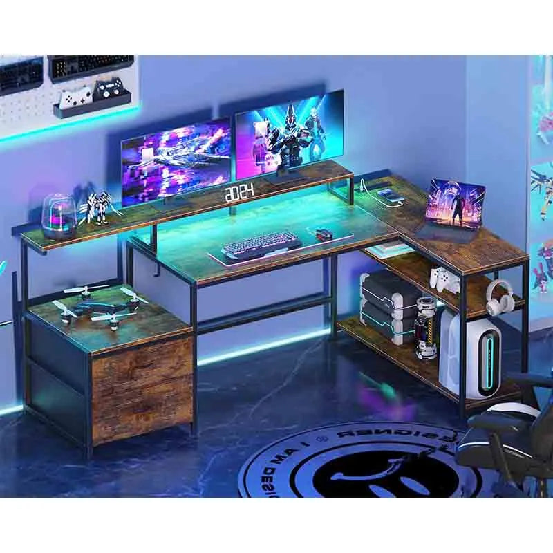 Yoobure Brown 70" L Shaped Gaming Desk with Music Strip Lights