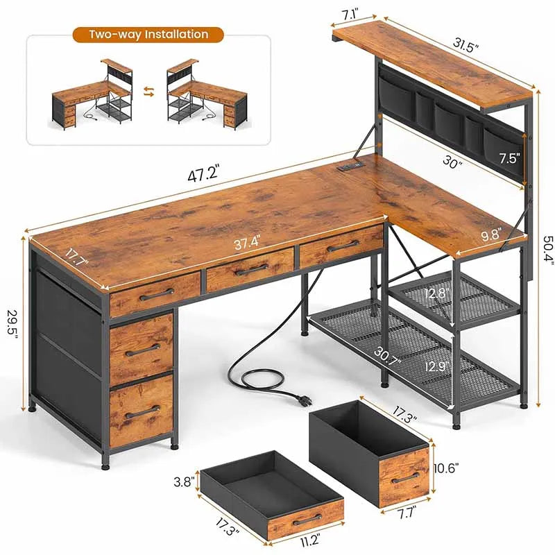 Yoobure 47.2” Gaming Desk with LED Lights, Rustic Brown