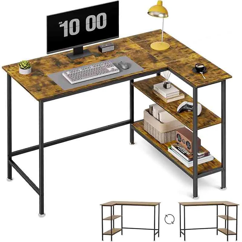 43" L Shaped Desk with Storage Shelves, Brown