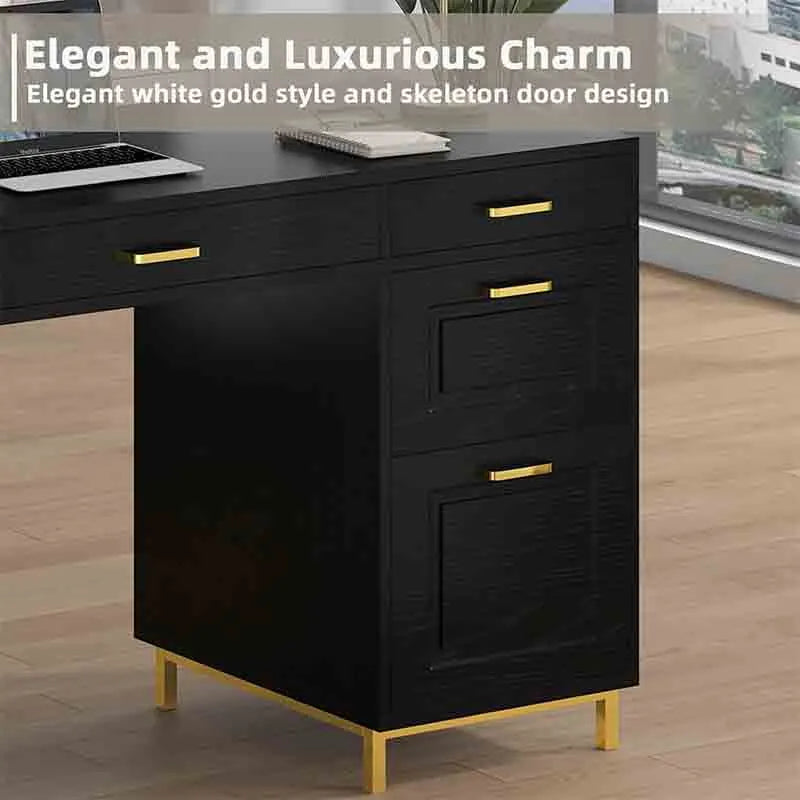 Yoobure Computer Desk with 7 Drawers, Black and Gold Desk