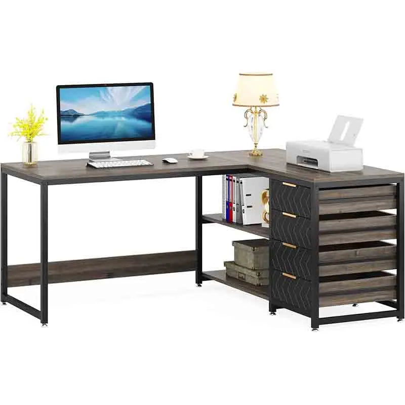 59 inch Reversible Corner Desk with Shelves, Grey