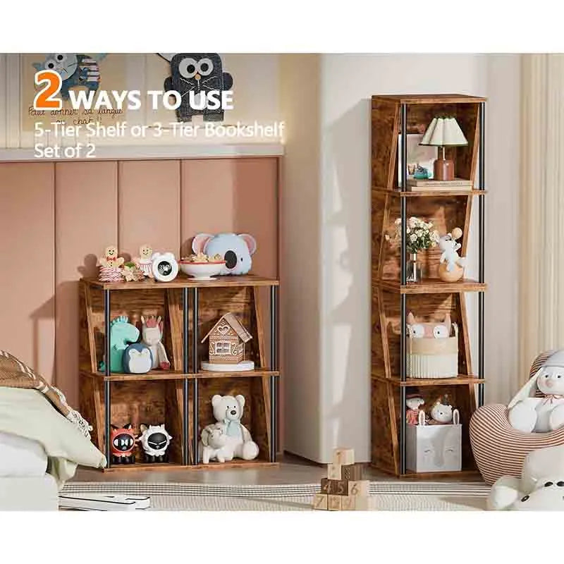 Yoobure 5 Tier Bookshelf, Small 3 Tier Bookcase Set of 2