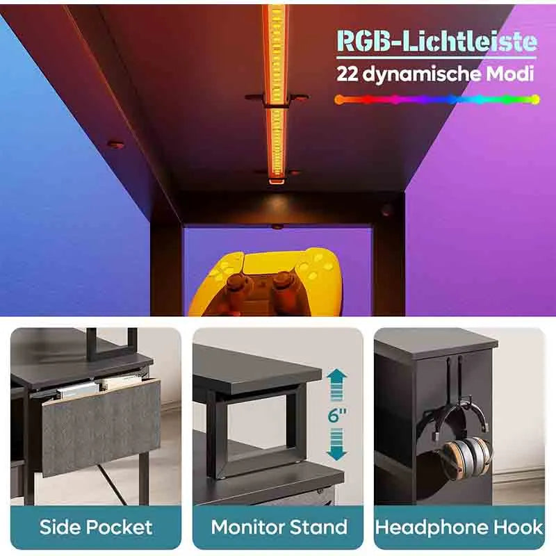 Yoobure Reversible L Shaped Desk with LED Lights & Cabinet