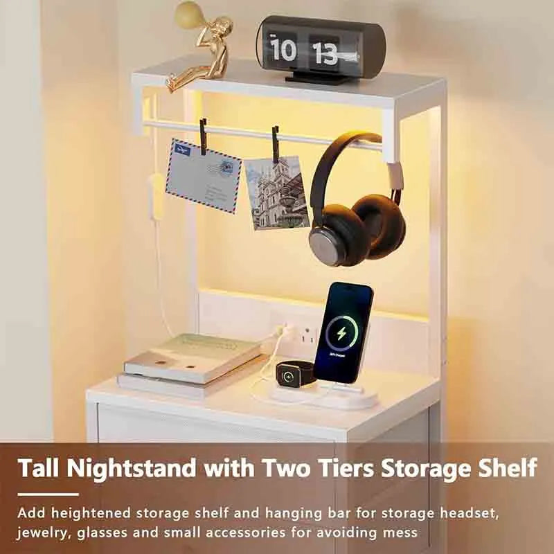 Yoobure White Tall Nightstand, LED Night Stand with Shelves