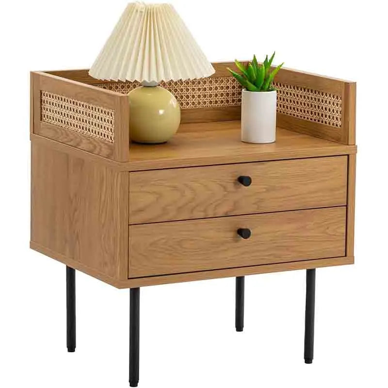 Yoobure Wood Nightstand Rattan End Table with 2 Drawers