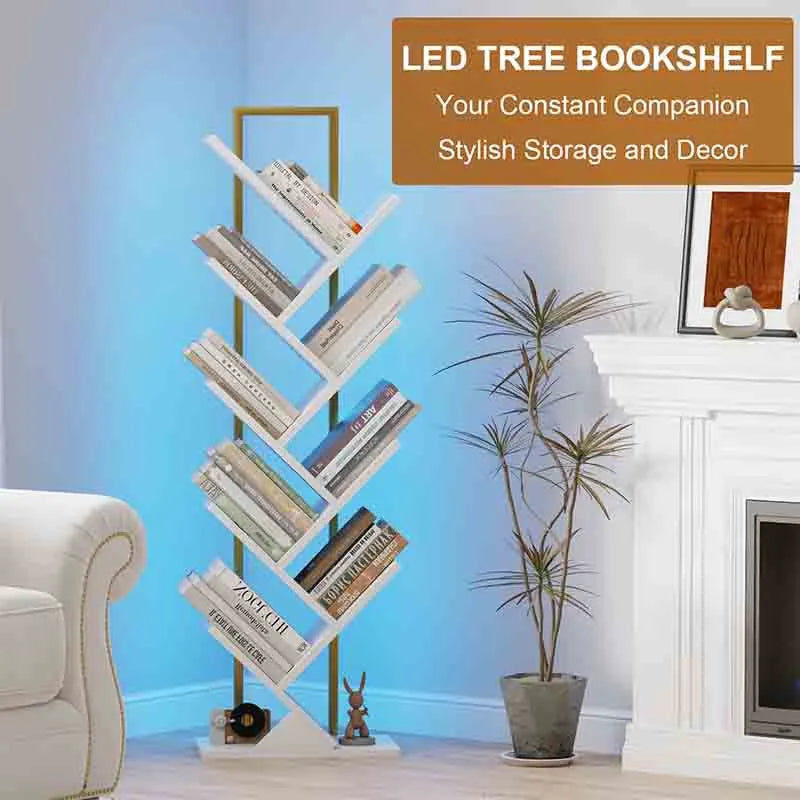 Yoobure Bookshelf with LED Lights, 9 Tier Tree Bookshelf