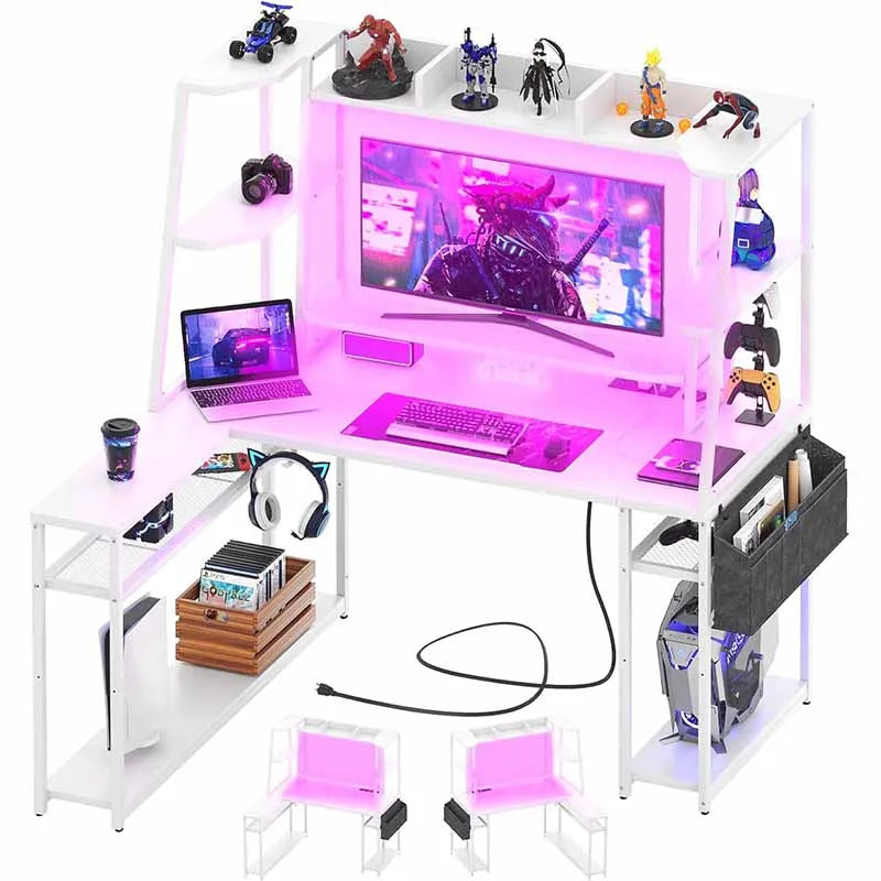 L Shaped Gaming Desk with Hutch & Shelves, White