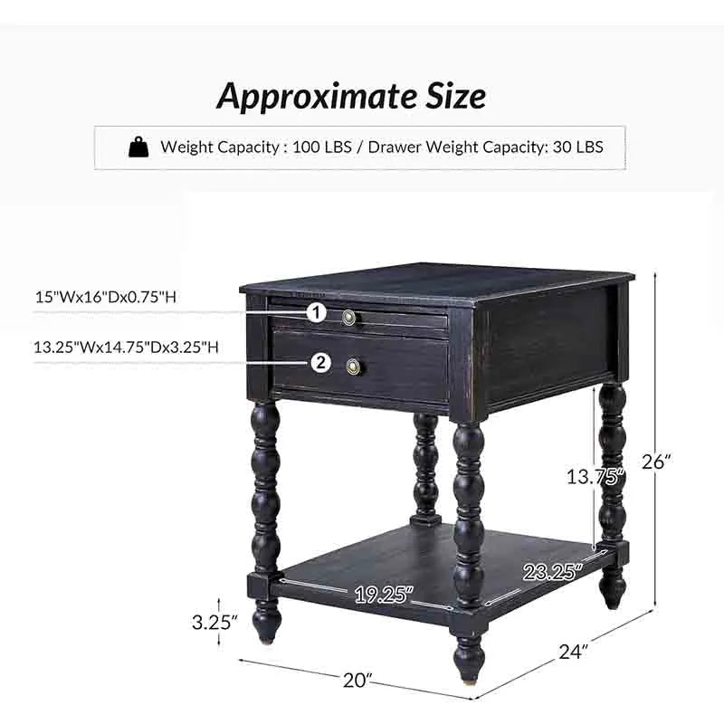 Yoobure End Table with Outlets Solid Wood Nightstand