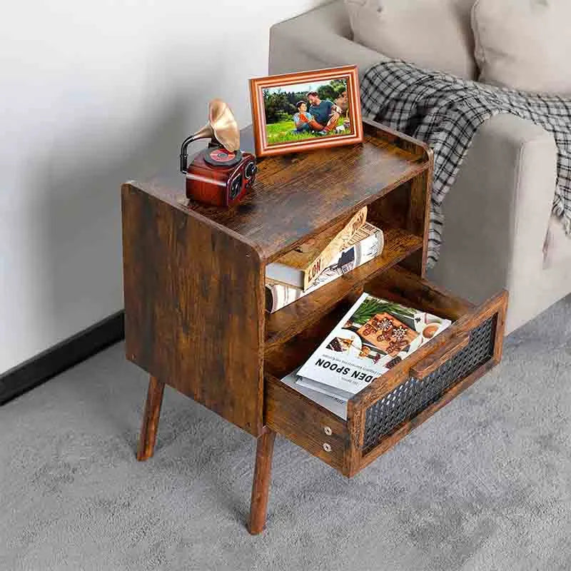 Yoobure Rattan Nightstand Side Table with Drawer Open Shelf
