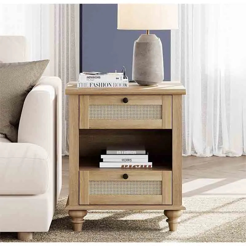 Yoobure Rattan Nightstand Side Table with Charging Station