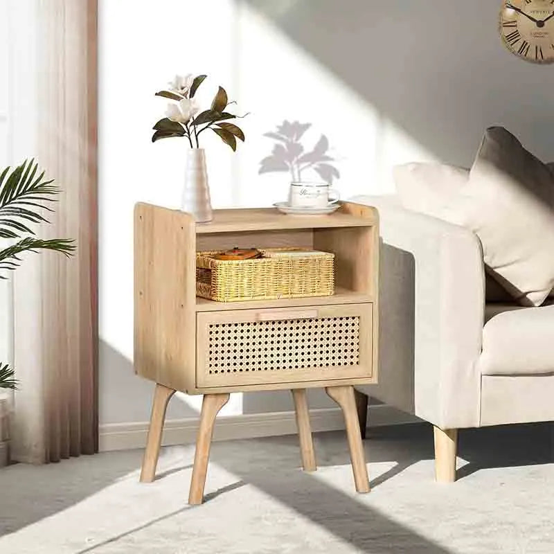 Yoobure Rattan Nightstand with Solid Wood Legs