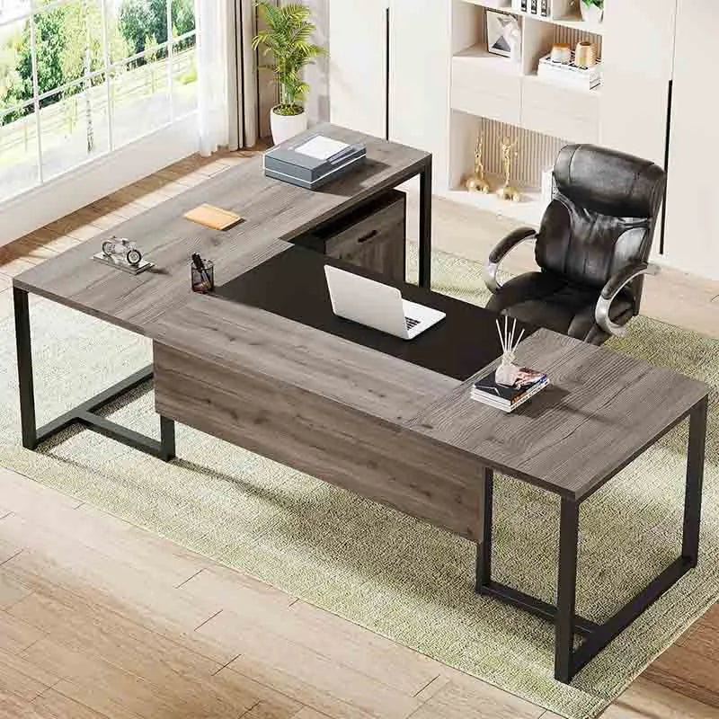 70.8" L-Shaped Executive Desk, Grey&Black