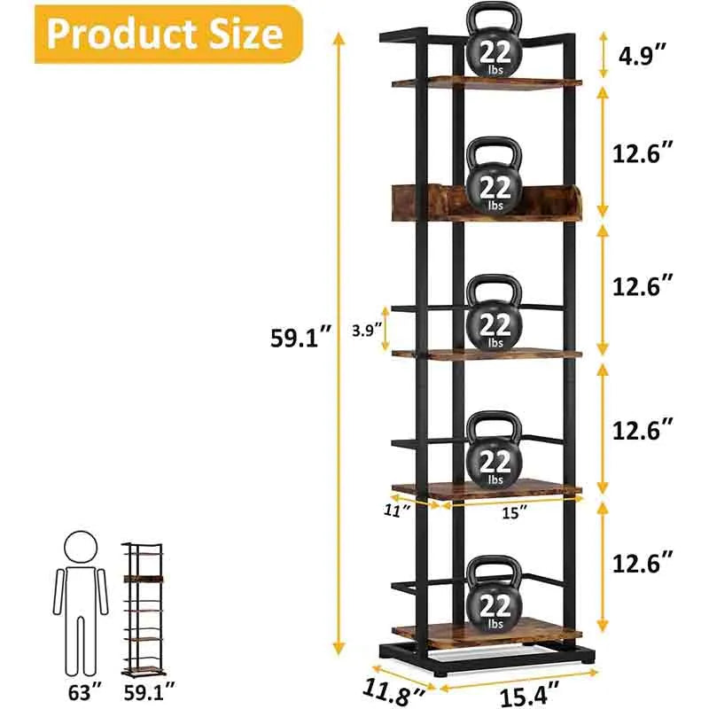 Yoobure Book Shelf Narrow Bookshelf, 5 Tier Wood Bookcase