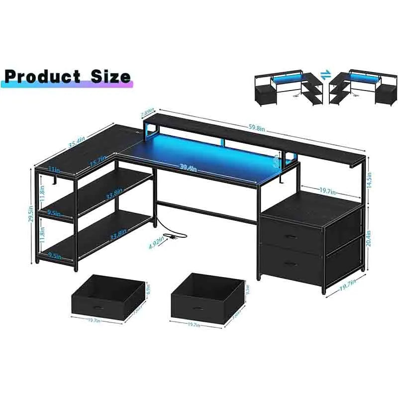 Yoobure Black 70" L Shaped Gaming Desk with Music Strip Lights