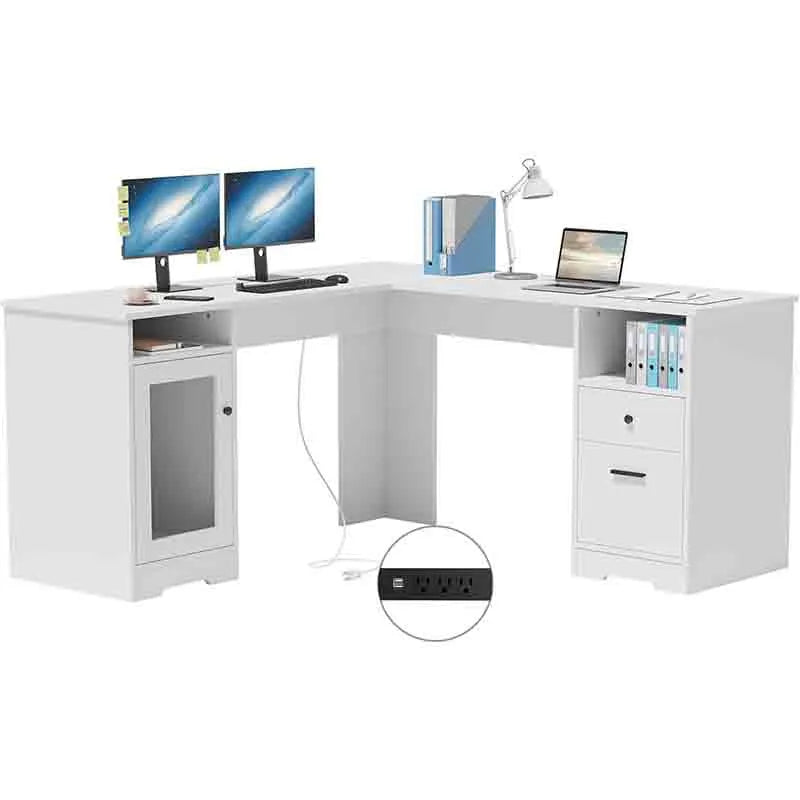 60" L Shaped Desk with File Cabinet, White