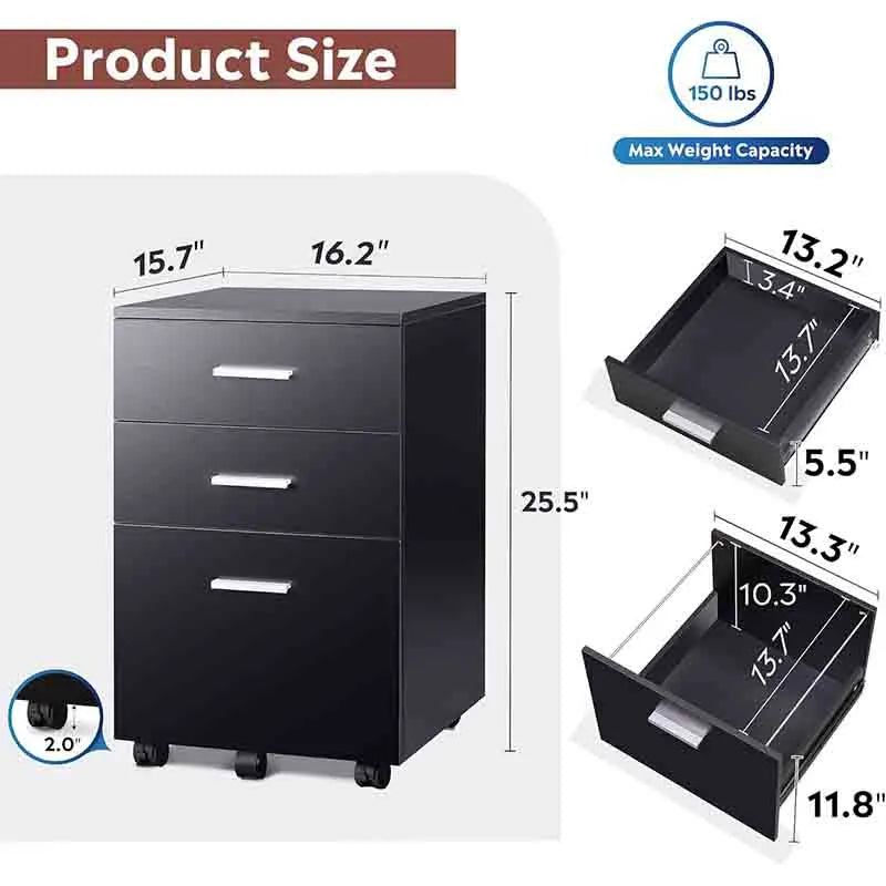 Yoobure 3-Drawer Wood Mobile File Cabinet