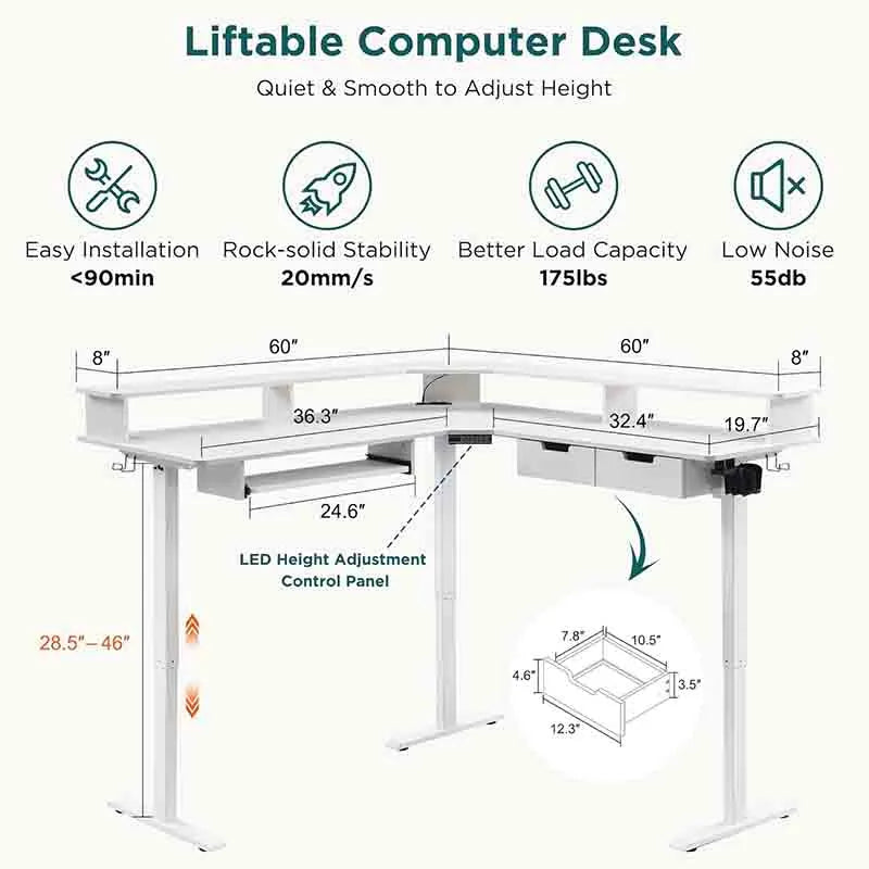 Yoobure White 60 Inches L Shaped Electric Standing Desk