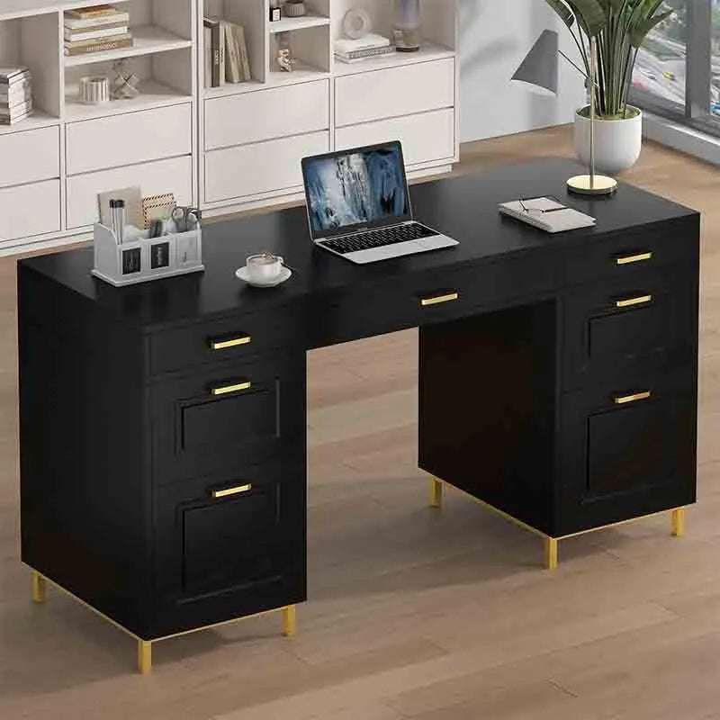 Yoobure Computer Desk with 7 Drawers, Black and Gold Desk