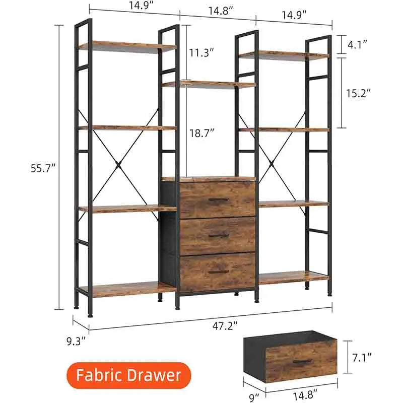 Yoobure Triple Bookshelf with Drawers Wide 4-Tier Book Shelf