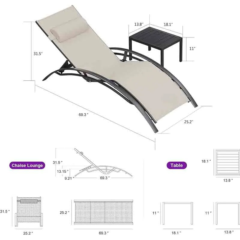 Yoobure Patio Chaise Lounge Set of 3 Outdoor Lounge Chair