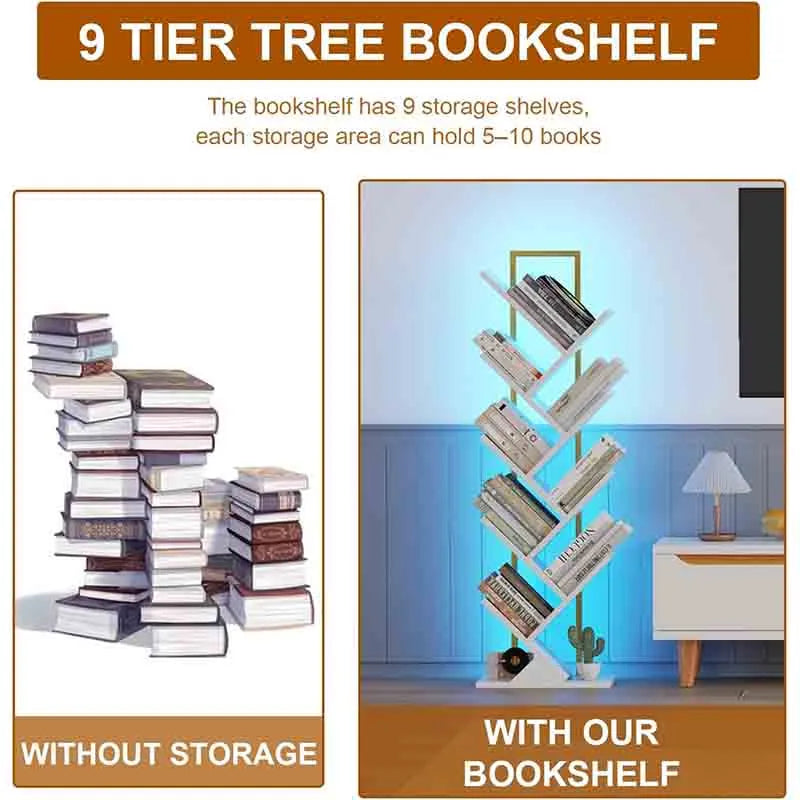 Yoobure Bookshelf with LED Lights, 9 Tier Tree Bookshelf