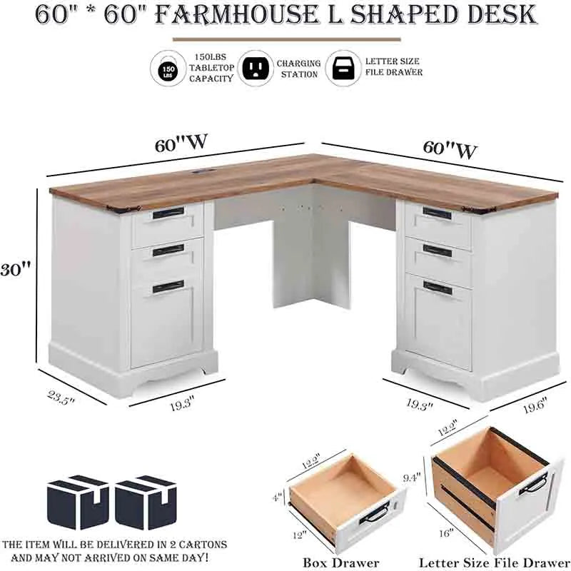 Yoobure 60" L Shaped Executive Desk with Drawers, White