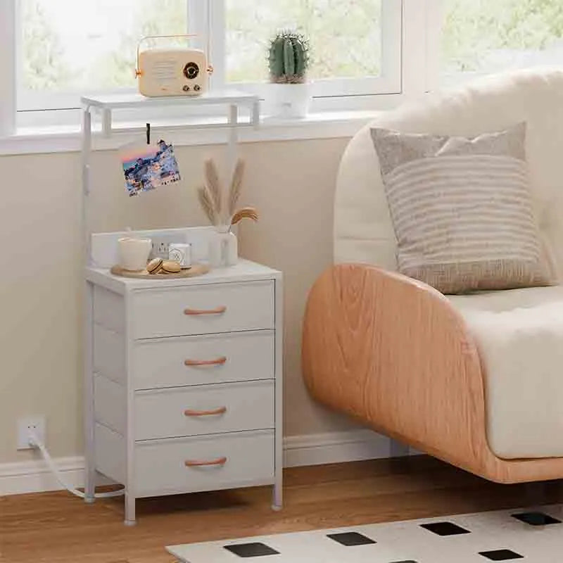 Yoobure White Tall Nightstand, LED Night Stand with Shelves