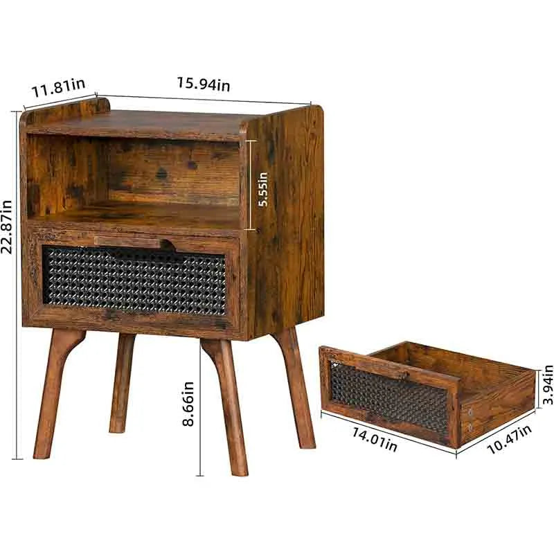 Yoobure Rattan Nightstand Side Table with Drawer Open Shelf