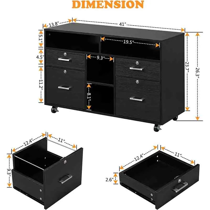 Yoobure Wood Mobile File Cabinet with 4 Drawers and Shelves