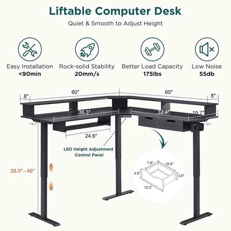 Yoobure Black 60 Inches L Shaped Electric Standing Desk