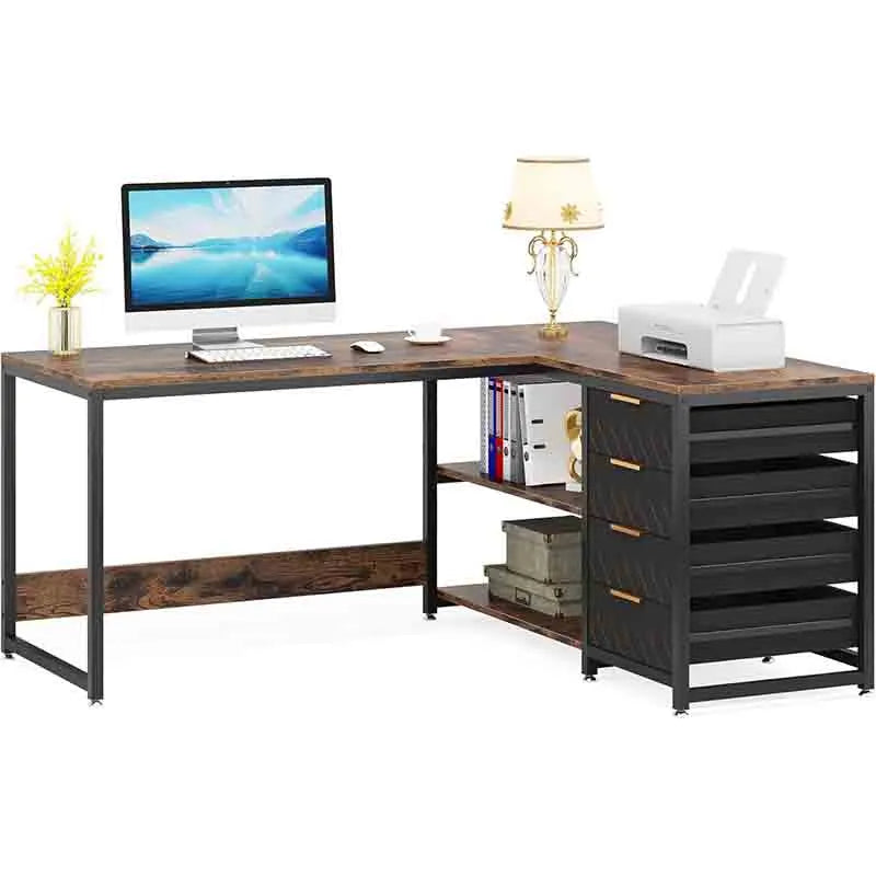 59 inch Reversible Corner Desk with Shelves, Brown