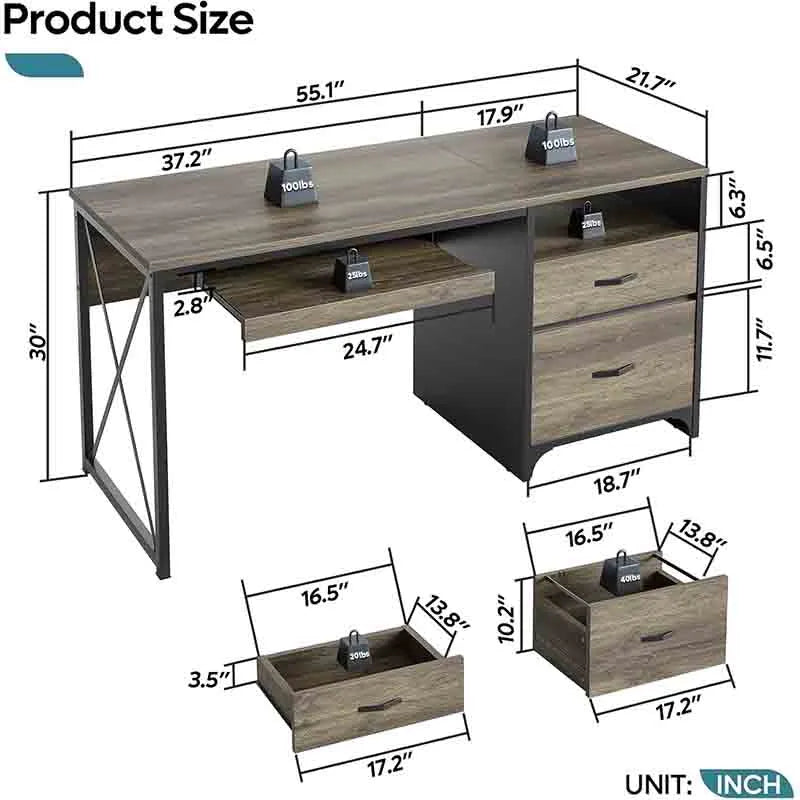 Yoobure Office Desk with Drawers, 55 inch Computer Desk
