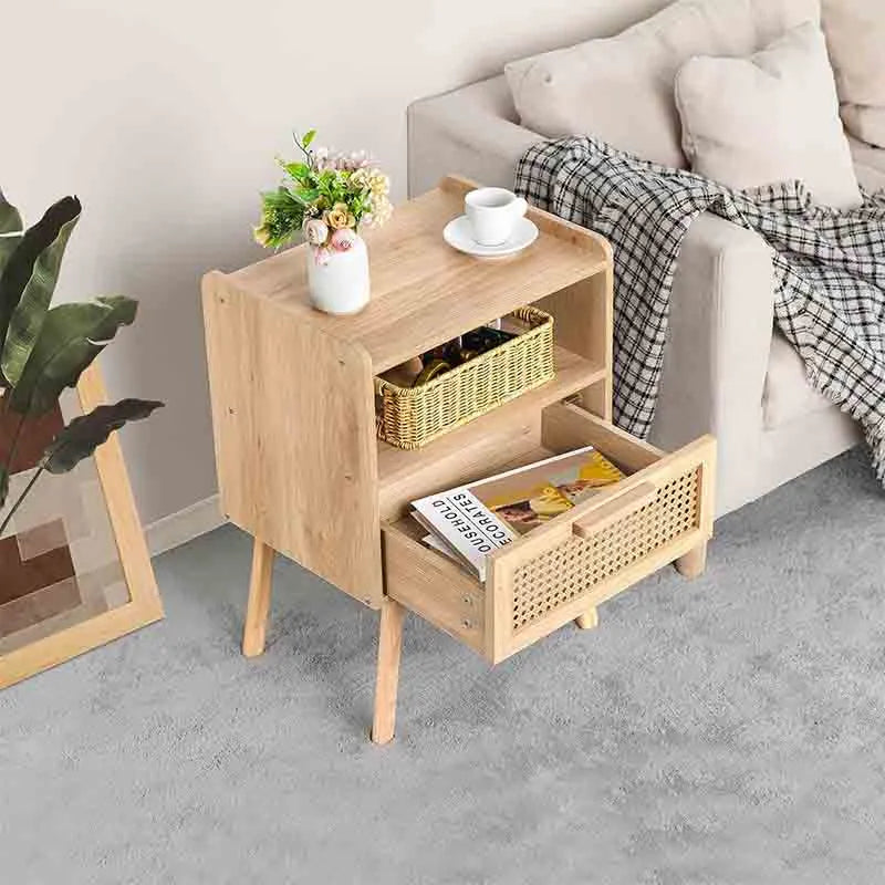 Yoobure Rattan Nightstand with Solid Wood Legs