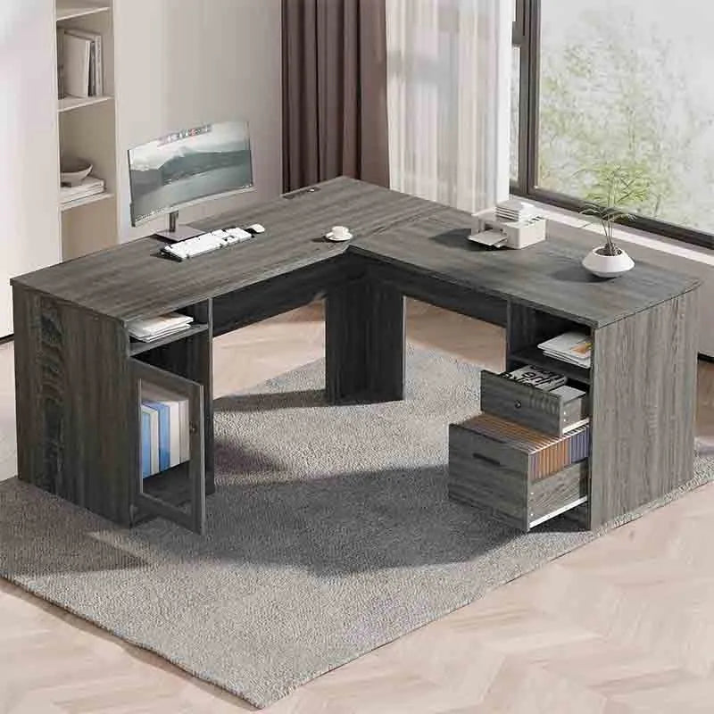 60" L Shaped Desk with File Cabinet, Grey