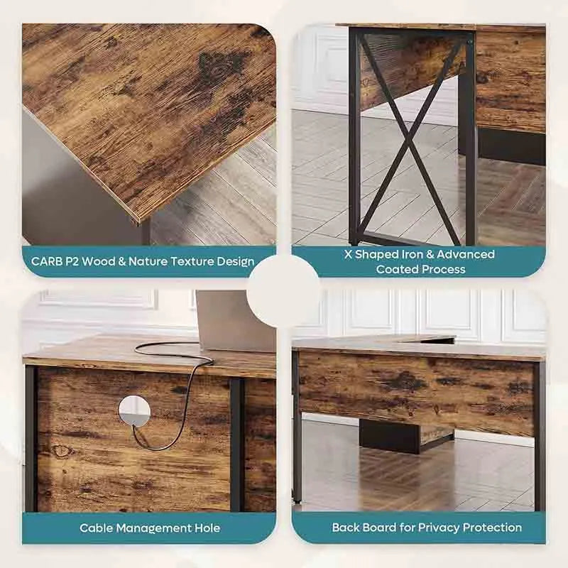 Yoobure Lift Top L Shaped Desk with File Drawer, Brown