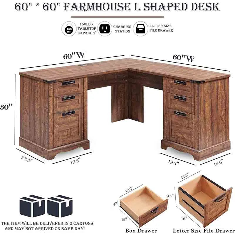 Yoobure 60" L Shaped Executive Desk with Drawers, Wood