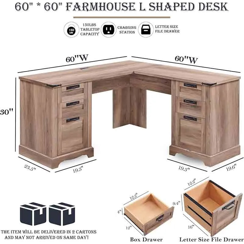 Yoobure 60" L Shaped Executive Desk with Drawers, Natural Oak