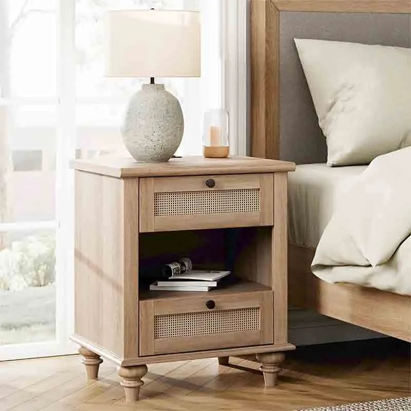 Yoobure Rattan Nightstand Side Table with Charging Station