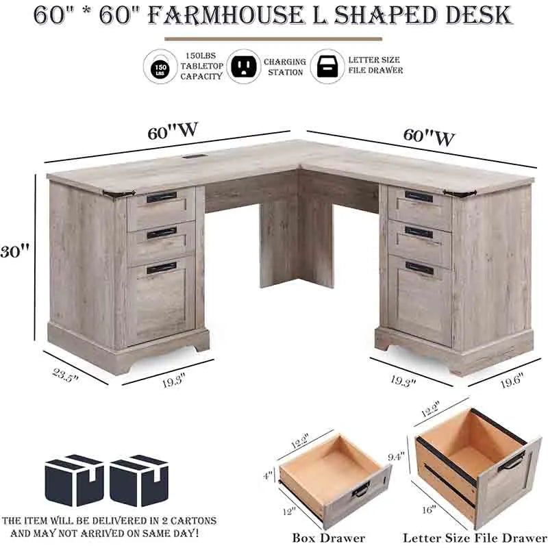Yoobure 60" L Shaped Executive Desk with Drawers, Light Oak