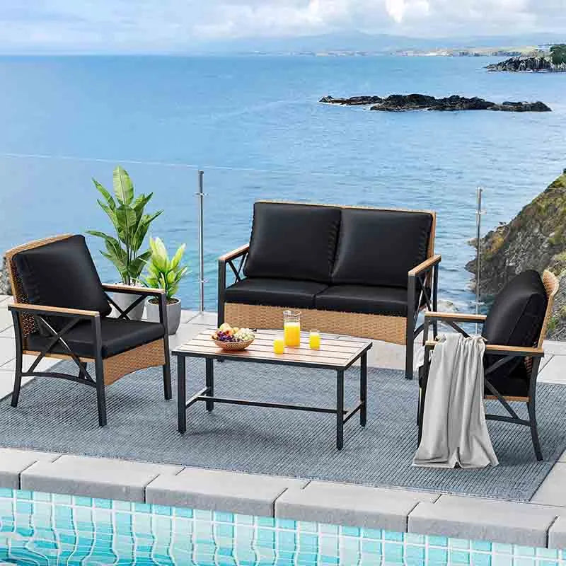 Yoobure 4-Piece Patio Wicker Furniture Set with Wood Armrest